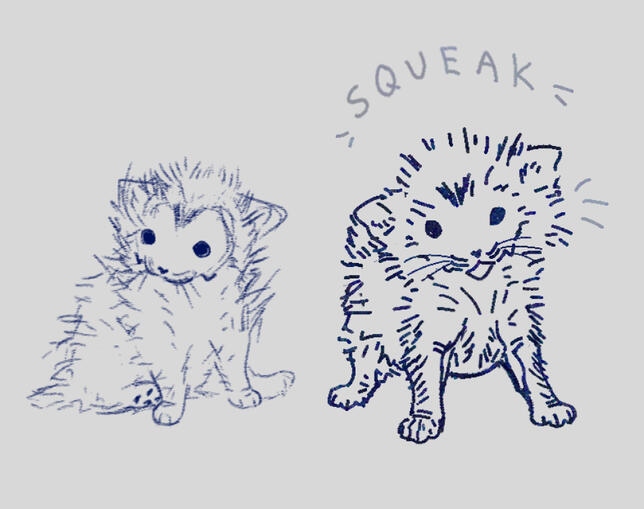 Screenshot of digital drawings of my OC Sammie. She is shown here in her animal form, as a baby kitten. There is two drawings, the one on the left shows her sitting and looking off to the side. It was drawn in a softer pencil like brush.