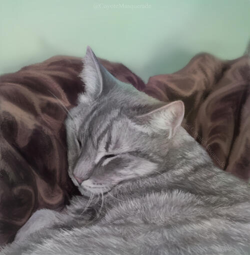 Digital pet portrait of a gray tabby laying on a brown blanket with a green wall in the background. He lays snugly on the blanket, cheek squished a little as he rests against it. His eyes are closed and his ears are up but relaxed.