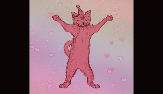 Hand drawn gif of a kitty standing on her hind legs and doing a little dance. She wears a birthday hat. The background is a pastel rainbow with pink hearts dotted about.