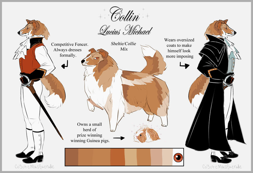 Reference sheet for a canine like character, Collin Lucius Michael. It shows him in two forms, anthro and fully animal.