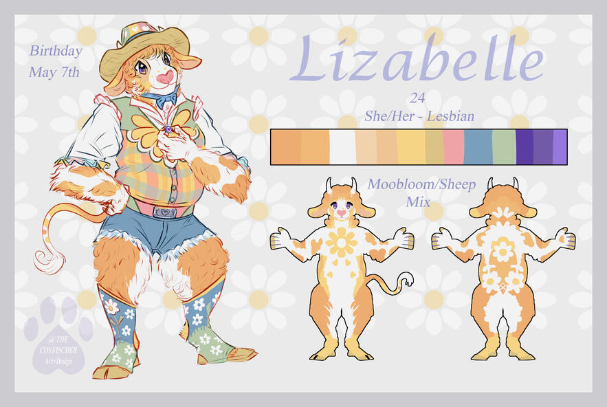 Reference sheet for an anthro bovine character named Lizabelle. She has a bright warm pallet, white and yellows and oranges.